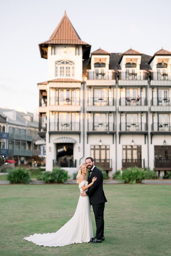 Couple posing in front of venue