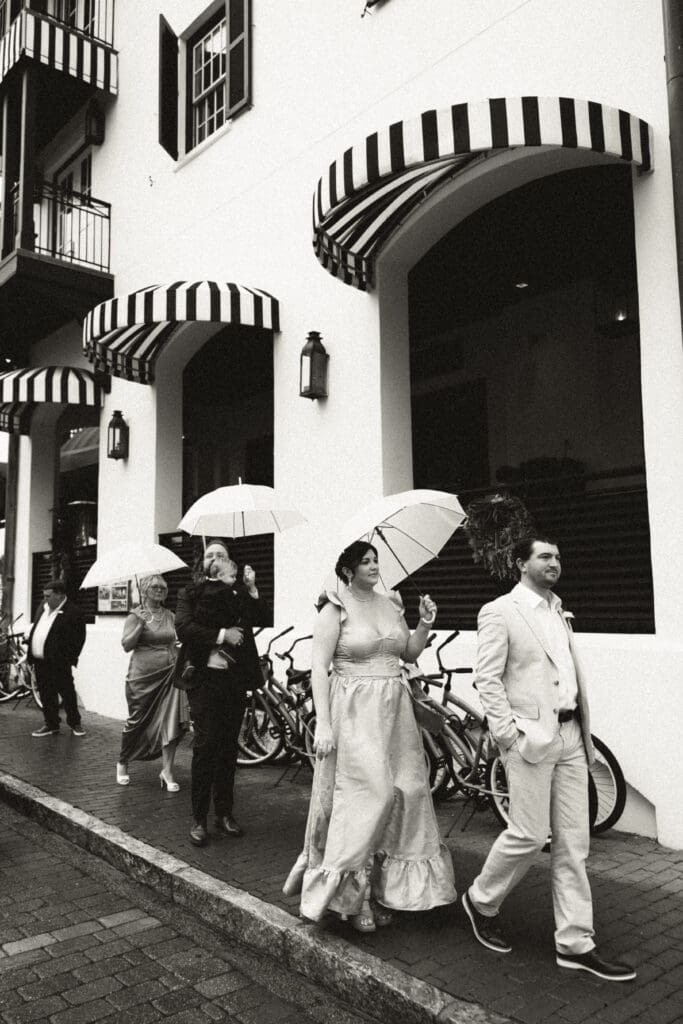 Wedding guests walking with umbrellas