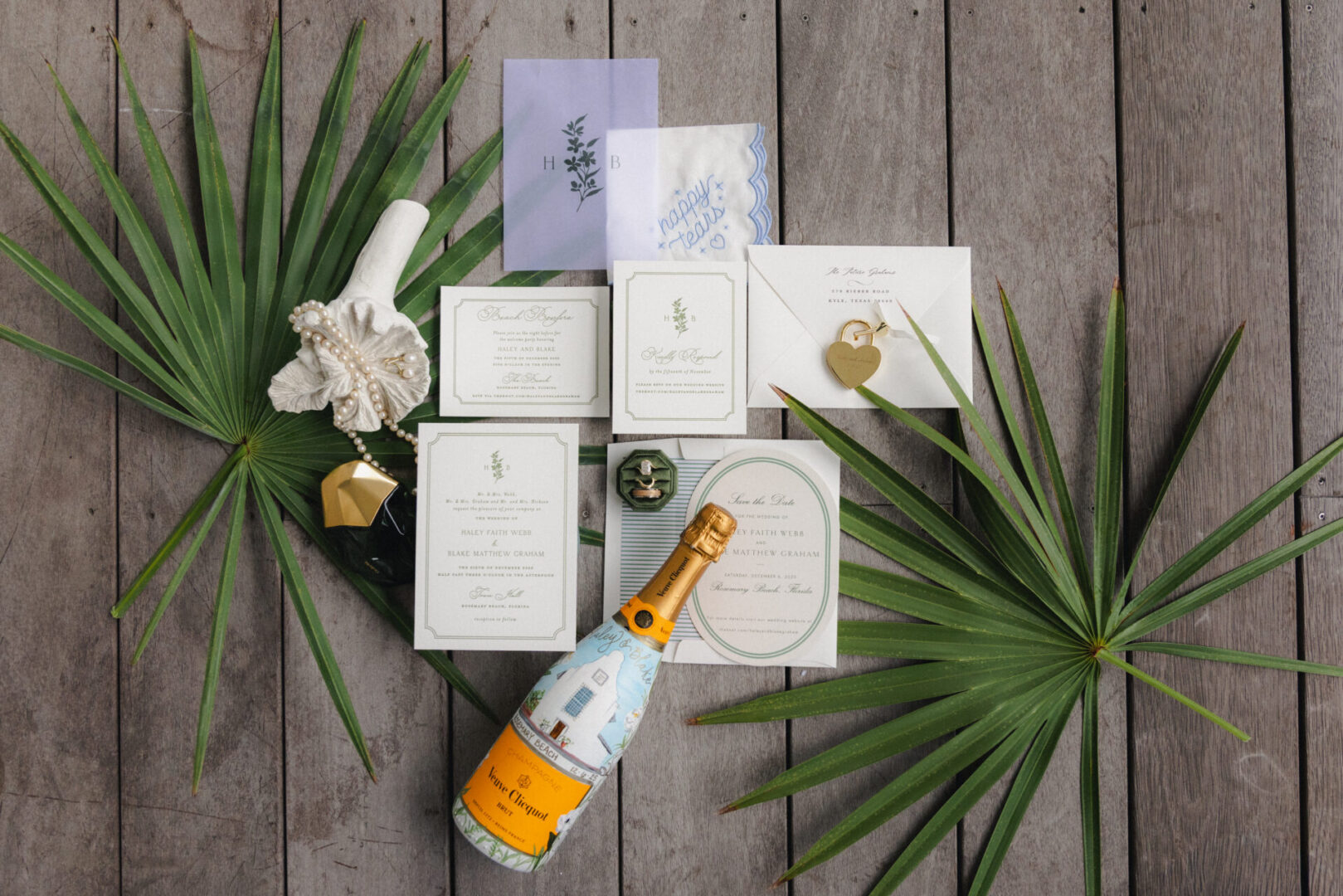 Flat lay of wedding invitation details