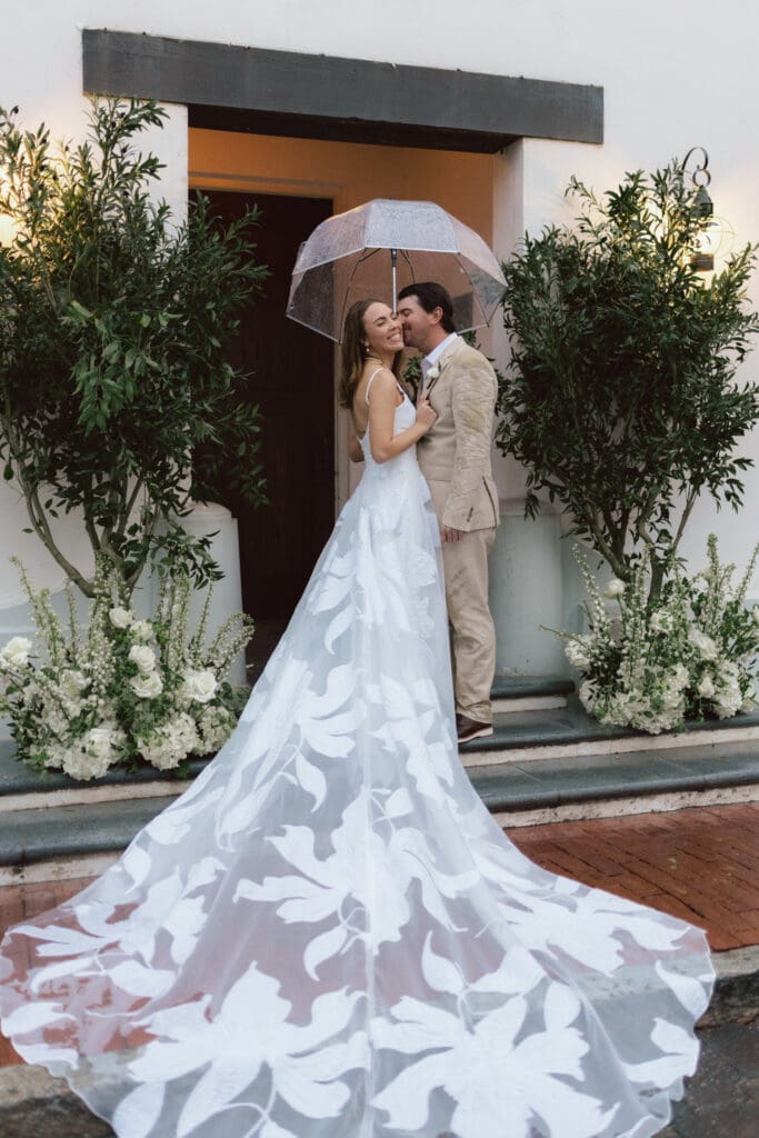 Couple sharing a kiss under an umbrella